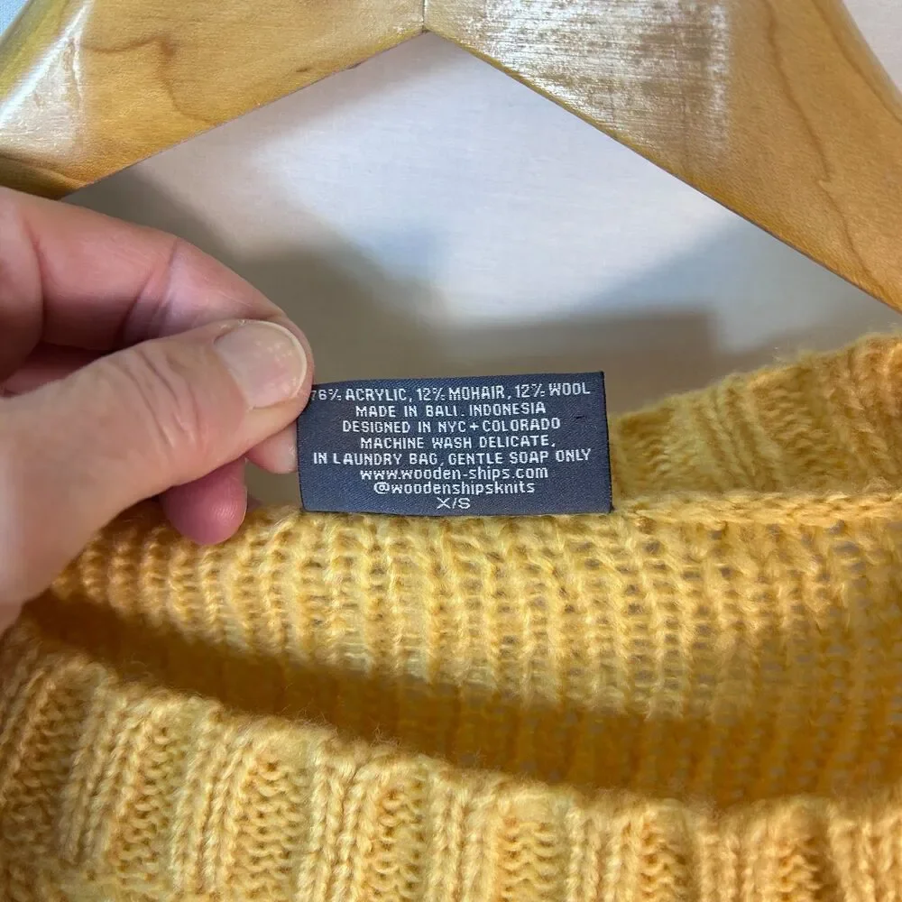 Wooden Ships Womens Yellow Mohair Blend Cable Chunky Knit Crewneck Sweater Sz XS